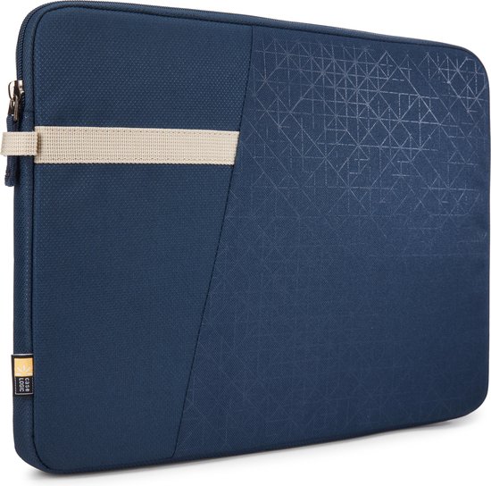 Donkerblauwe laptophoes met beige band en geometrisch patroon. Case Logic logo.