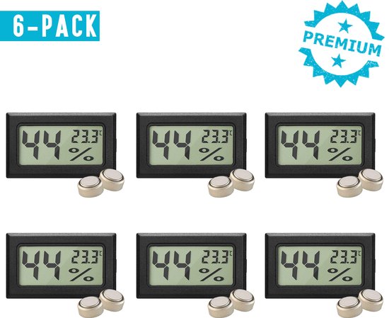 Qitch&Quisine - Hygro - Vochtmeter - Hygrometer - Hygrometer Met Batterijen - Zwart - Inclusief Thermometer - Digitale Luchtvochtigheidsmeter - Voor Binnen & Buiten - 2 in 1 - Set van 6