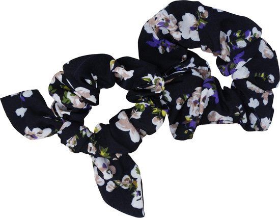 Jessidress Elastieken Haar Scrunchies met bloemen print Set Haar Elastiekjes - Donker Blauw