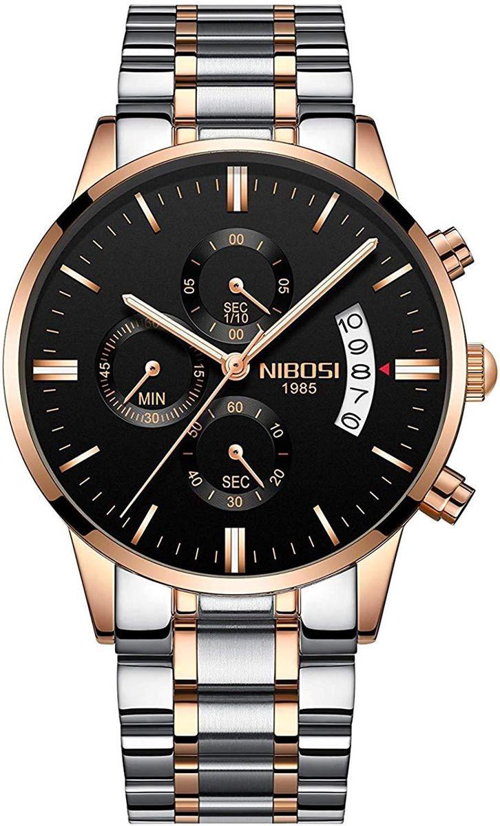 NIBOSI - Heren horloge - Luxe zilver zwart roségoud design - Ø 42 mm - Roestvrij staal