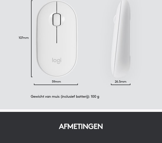 Afmetingen van een witte, ovale Logitech muis: 107 mm lengte, 59 mm breedte, 26,5 mm dikte.