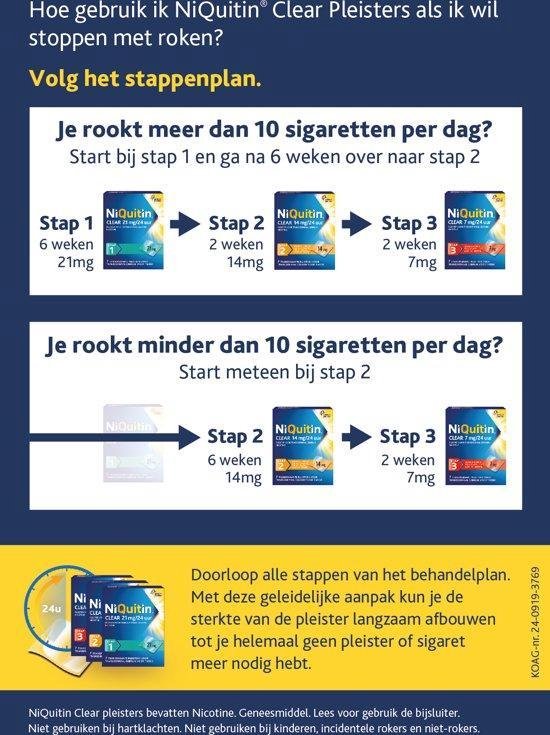 Stappenplan voor NiQuitin Clear pleisters om te stoppen met roken, met afbeeldingen van de verpakkingen.