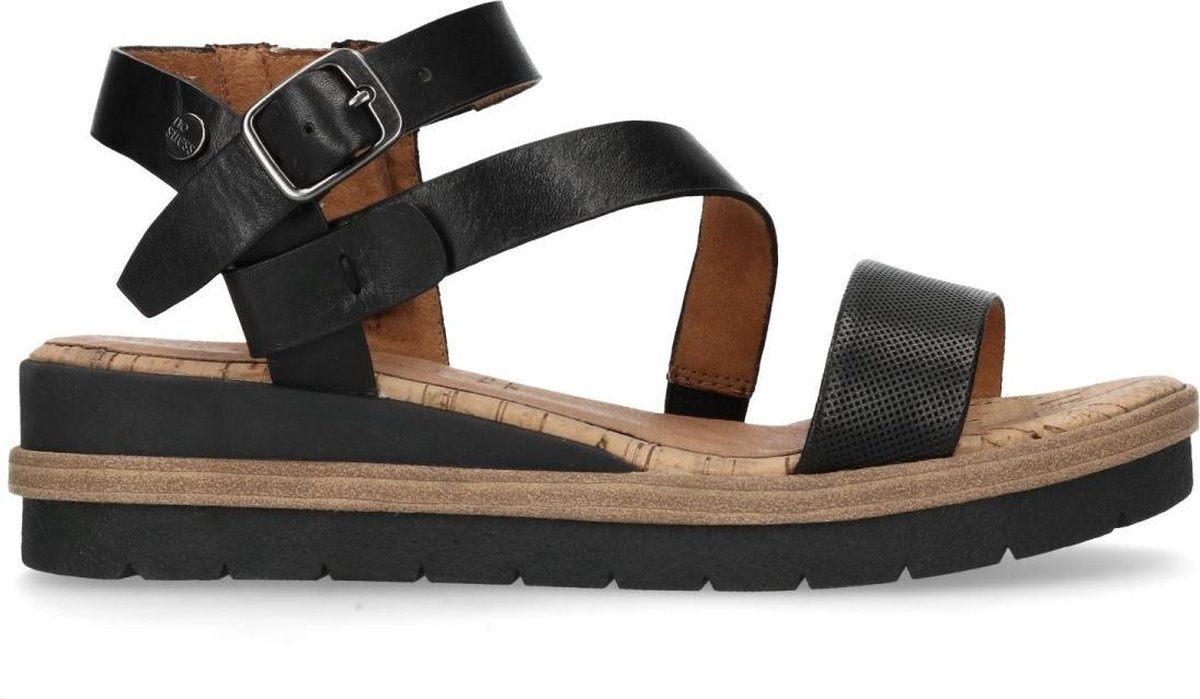 No Stress - Dames - Zwarte leren sandalen met sleehak - Maat 38 | bol.com