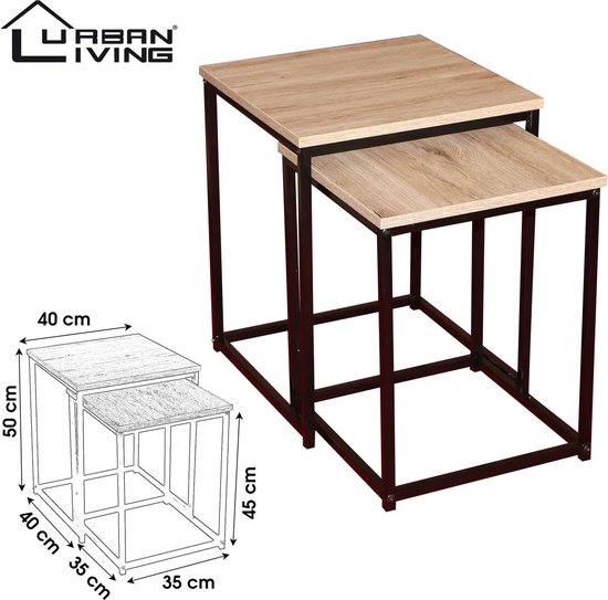 Deux tables d'appoint carrées avec plateau en bois brun clair et cadre en métal noir, avec dimensions indiquées.