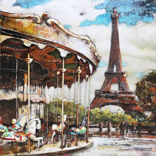 3D art Metaalschilderij - Parijs Kermis Eiffeltoren - handgeschilderd - 100 x 100 cm