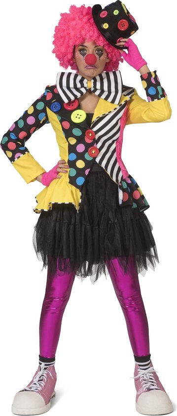 Clown & Nar Kostuum | Enorme Knopen Jas Clown Augustina Vrouw | Maat 40-42 | Carnaval kostuum | Verkleedkleding