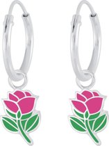 Joy|S - Zilveren roze bloem bedel oorbellen roosje oorringen
