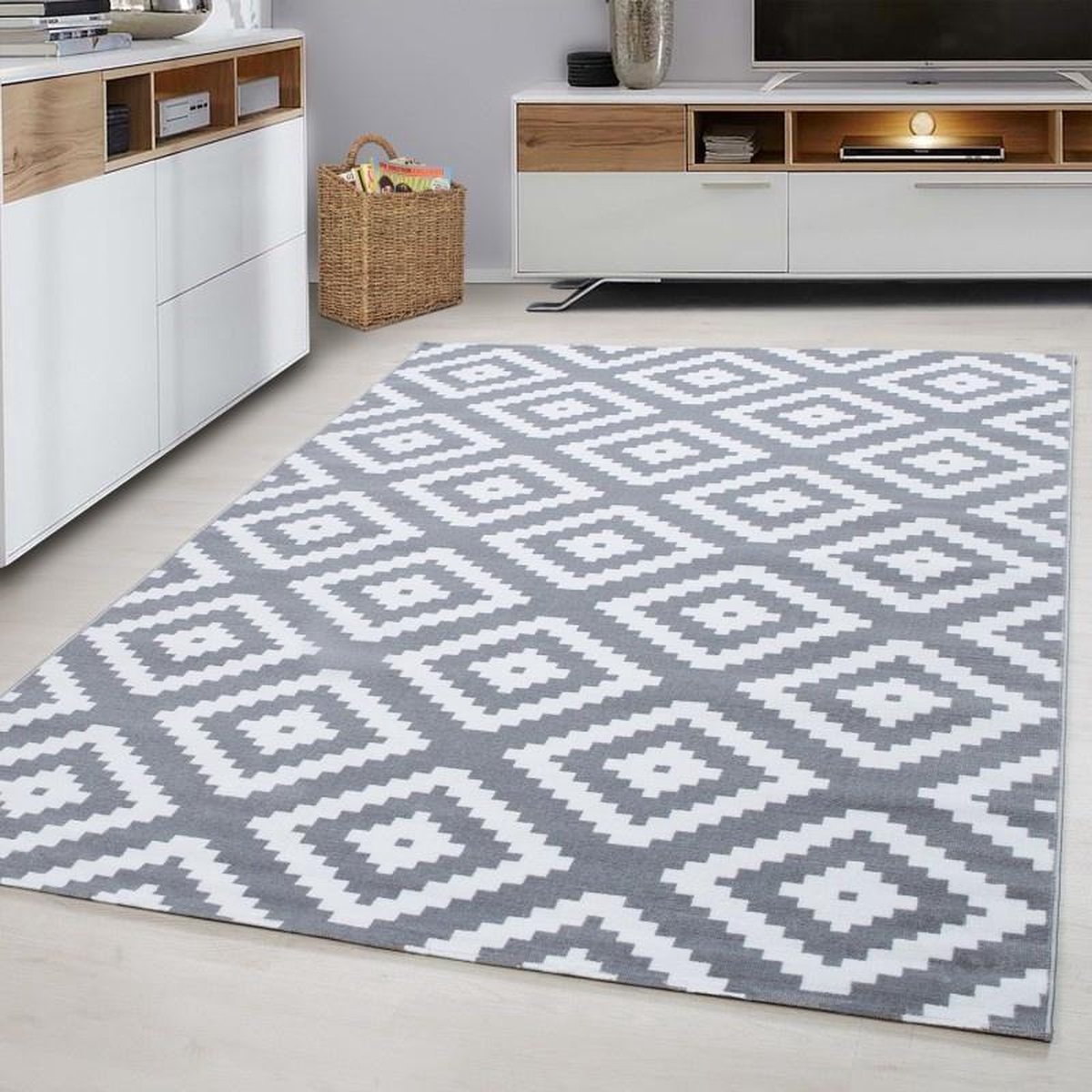 Laagpolig vloerkleed, geometrisch patroon, grijs, woonkamerkleed, jute achterkant, afmeting: 200 cm x 290 cm