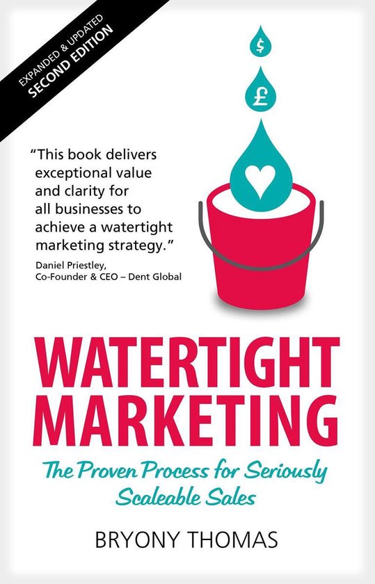 Boekomslag Watertight Marketing met een roze emmer en een blauwe druppel met hartje. Tweede editie.