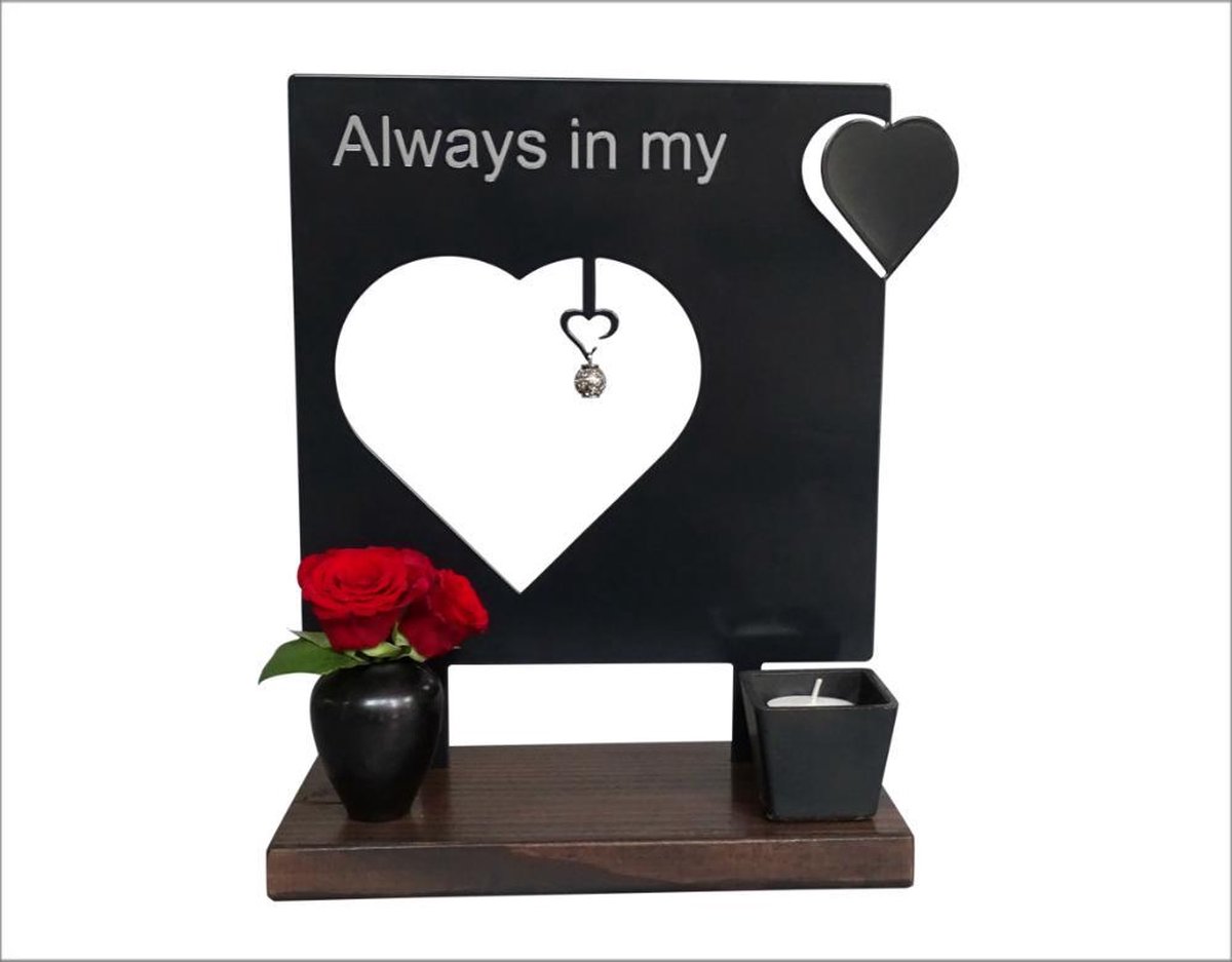Hart in Hart - Hart urn - "voor altijd in mijn hart" - zwart gecoat metaal - sokkel hout gebeitst - totale hoogte 35 cm - 10ml