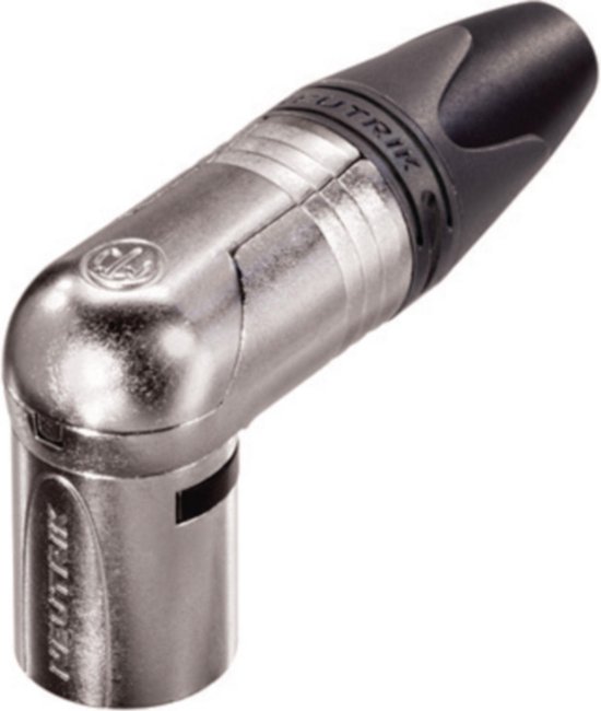 Zilverkleurige 90 graden XLR kabelplug met zwarte dop van Neutrik.