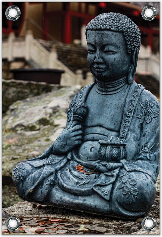 Tuinposter –Buddha met Muntjes– 40x60cm Foto op Tuinposter (wanddecoratie voor buiten en binnen)