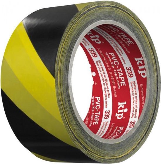 Rol Kip PVC-tape 339 met geel-zwarte schuine strepen.