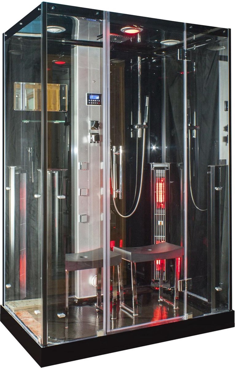 Hedda Rustica Infrarood Stoomcabine 2 persoons Black 90x145x215 cm Sauna met mengkraan regendouche massagejets LED-verlichting Bluetooth - Sanexo