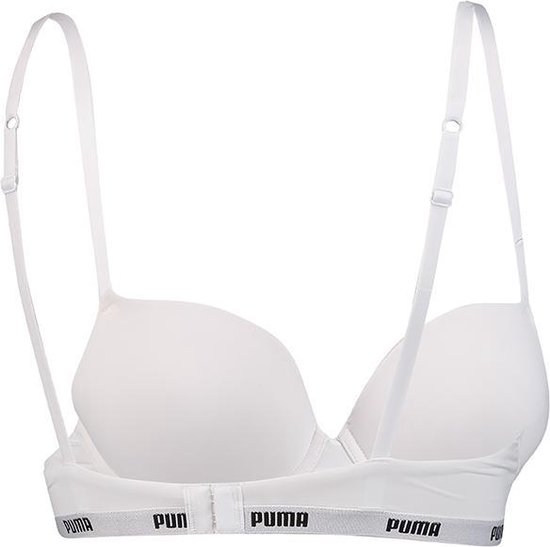Achterkant van een witte Puma beugelbeha met verstelbare bandjes en zwarte 'Puma'-logoband.
