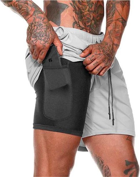 MW® Sportbroek voor Heren - Gym broek met mobiel zak - 2 in 1 Shorts - Hardloopbroek - (Grijs - L)