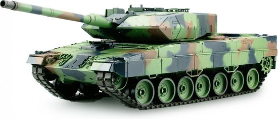 RC tank Leopard 2A6 2.4GHZ met schietfunctie en rook en geluid BB en IR V7.0 en luxe houten kist