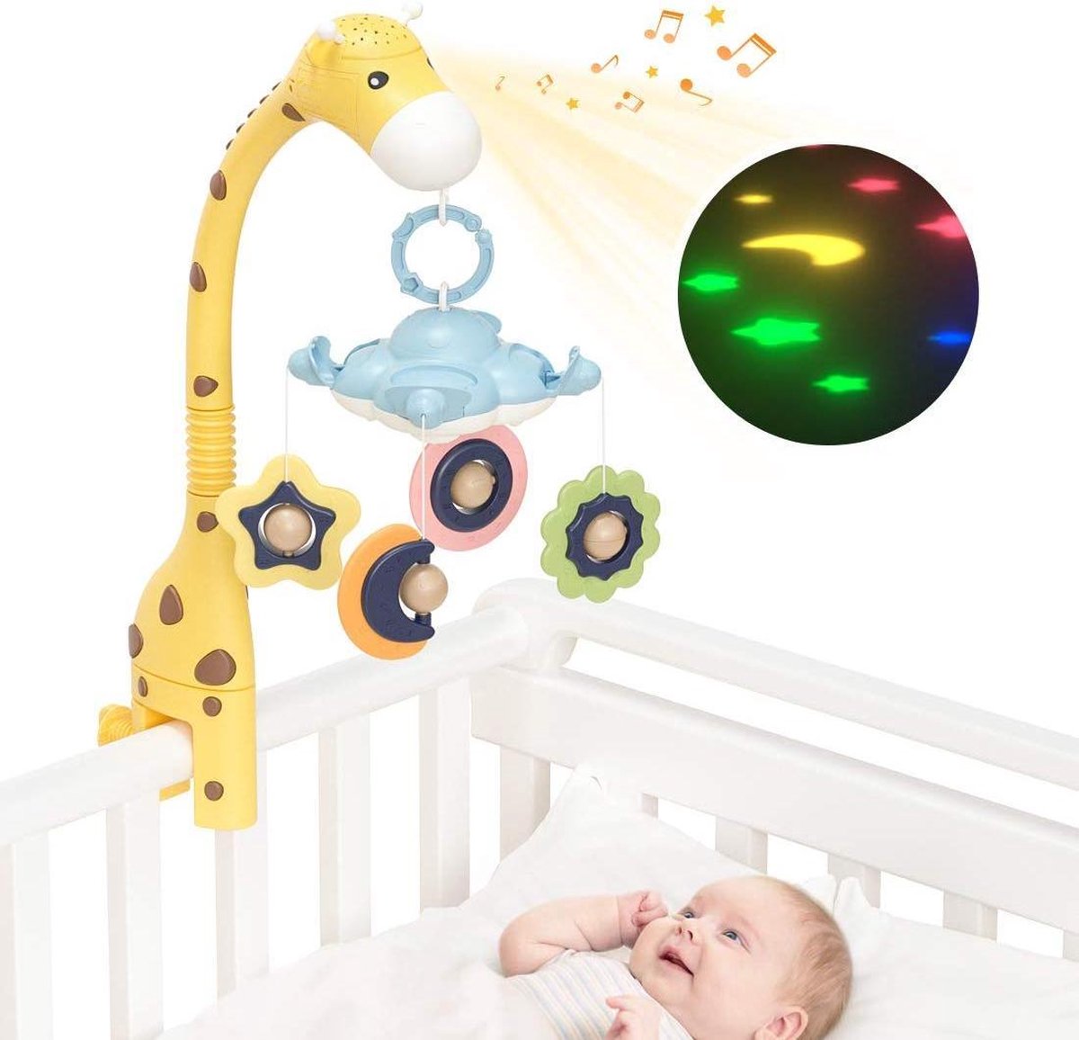Ga trouwen Gooey Decoratief Baby Muziekmobiel Sterren Projector Lamp 'Giraffe Geel' Bed Box Wiegje -  Roterende Bijtring en Rammelaar Speelgoed - Slaaphulp White Noise  Sterrenprojector - Little Plaza
