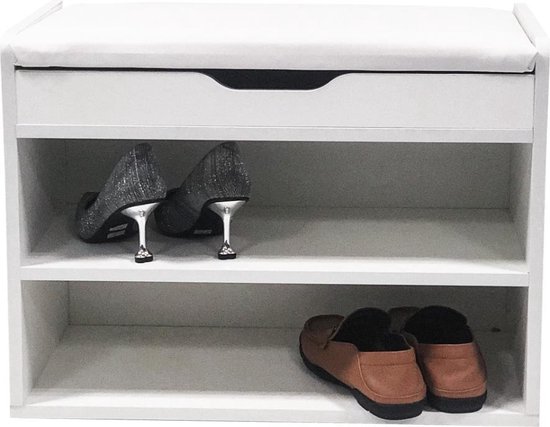Étagère à chaussures banc - armoire à chaussures ouverte - avec coussin d'assise rabattable blanc