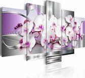 Schilderij - Orchidee en fantasie , wit lila , zilver look , 5 luik