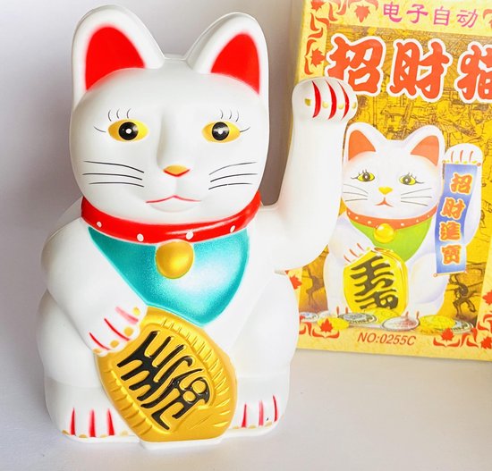 Porte-bonheur agitant le chat porte-bonheur japonais -maneki neko 11x16x8  cm blanc | bol