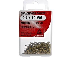 Draadnagels. Bolkop. Messing. 0.9x10mm. lang. 20 gram Spijkers . Koperkleur. Deltafix.