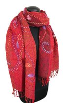 Geborduurde Kasjmier Wollen Dames Sjaal - 180 x 70 cm - Rood