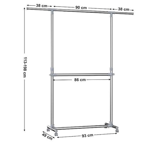 Dubbel kledingrek van metaal met afmetingen 90 cm breed, 113-198 cm hoog, 49 cm diep. Inclusief wieltjes.