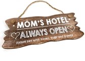 Houten Tekstplank / Tekstbord 12x30cm "Mom's Hotel....Always Open" - Kleur Naturel