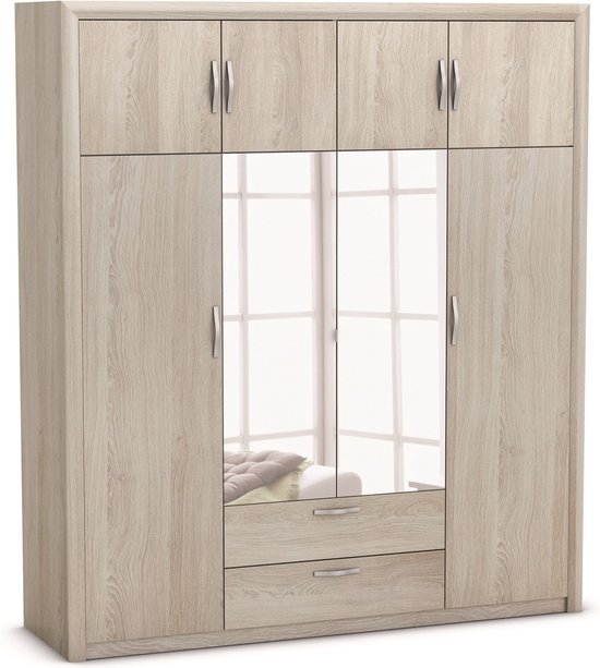 Armoire Philine 8 portes tournantes, 2 tiroirs, 8 étagères et 1 tringle-chêne Shannon - CBA - Armoires de chambre à coucher - Brun - Mélamine|MDF|Panneaux de particules|Verre - Armoires de chambre à coucher