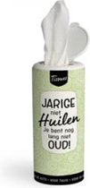 Tissue Dispenser - Jarige niet huilen, je bent nog lang niet oud - In cadeauverpakking met gekleurd lint