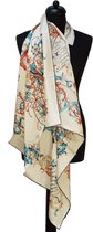 ThannaPhum Luxe zijden sjaal - beige - Muziek instrumenten en bloemen 85 x 85 cm