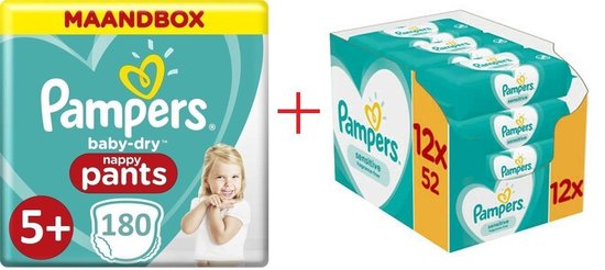 Pampers Baby Dry Pants Maat 5+ - 180 + Pampers Sensitive Billendoekjes 624 Stuks | bol.com