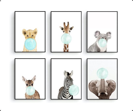 Postercity - Design Canvas Poster Set Zebra Giraffe Koala Leeuwtje Hertje & Olifant met Groene Kauwgom / Kinderkamer / Dieren Poster / Babykamer - Kinderposter / Babyshower Cadeau / Muurdecoratie / 30 x 21cm / A4