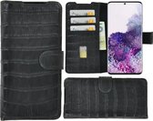 Samsung Galaxy S20 Plus hoes Cover Wallet Bookcase Pearlycase Echt Leder hoesje Croco Zwart