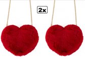 2x Tas hart pluche rood 20x25cm - Liefde trouwen valentijn hartjes tasje verliefd thema feest festival