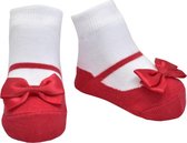 Festive rode sokjes voor baby meisje 0-12 maanden. Satijnen strikjes-Anti slip zooltjes-Kraamcadeau-Baby shower