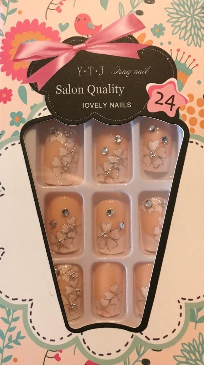 Goedkoopste Plaknagels / Nageltips Set French Manicure Bloem Strass - 24 stuks -Plaknagels / Nepnagels met lijm - French Nail Art Plaknagels Tips Acrylnagels & Gelnagels