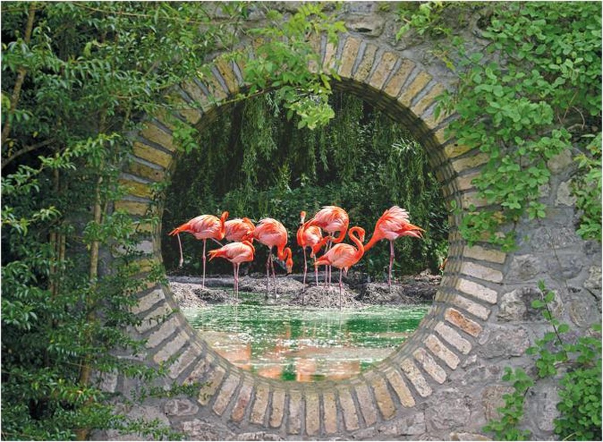 Tuindoek doorkijk - 130x95 cm - geheime tuin flamingo's - tuinposter - tuin decoratie - tuinposters buiten - tuinschilderij