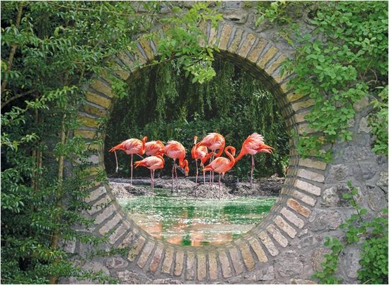 Tuindoek  doorkijk - 130x95 cm - geheime tuin flamingo's   - tuinposter - tuin decoratie - tuinposters buiten - tuinschilderij
