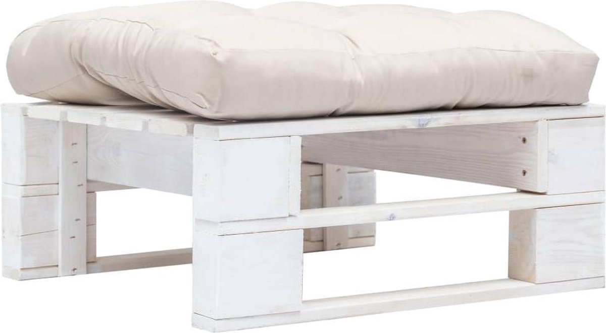 vidaXL Tuinpoef - met - zandkleurig - kussen - pallet - hout - wit Wit en zandkleurig