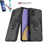 Samsung Galaxy A51 Robuust Kickstand Shockproof Zwart Cover Case Hoesje - 1 x Tempered Glass Screenprotector ATBL