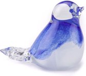 Glazen urn. Asbestemming. "Bird" (vogel) blauw-wit. Afmeting 8 cm.