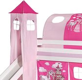 Torenconstructie voor bed met glijbaan met torenstof licht-/donker roze