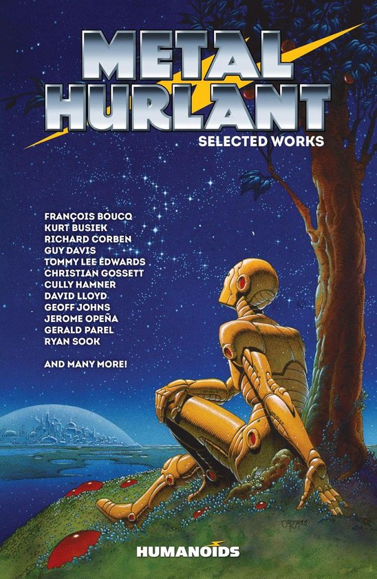 Cover van 'Metal Hurlant Selected Works' met een gouden robot zittend in een buitenaards landschap.