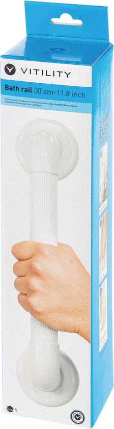 Verpakking van een witte badkamer handgreep van 30 cm, met een hand die het product vasthoudt.