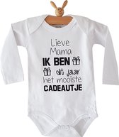 Rompertje met tekst Lieve mama Ik ben dit jaar het mooiste cadeautje | lange mouw | wit zwart | maat 74-80 bekendmaking zwangerschap aanstaande baby jongen meisje unisex