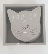 Glasonderzetter kat / poes . Tekst love me, love my cat . 6 stuks in een doosje