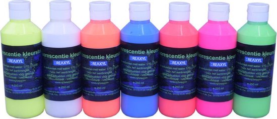 Zeven flesjes Reaxyl fluorescerende kleurstof in verschillende felle kleuren: geel, wit, oranje, blauw, roze, magenta en groen.