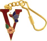 Behave Sleutelhanger letter V rood met vlinder en bloem 11,5 cm